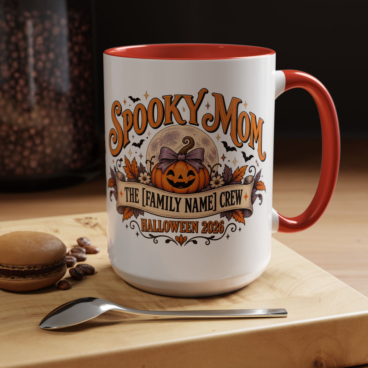 Personalized Spooky Mom Halloween Mug, Custom Family Name Coffee Cup, Halloween Mom Gift, Pumpkin Mug, Fall Gift for Mom