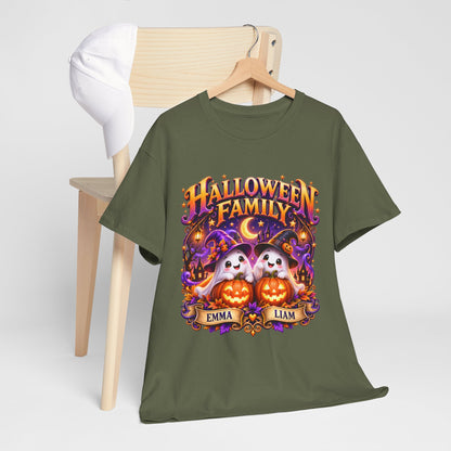 Halloween Family T-Shirt – Personalized Ghosts with Pumpkins (Names: Emma & Liam)