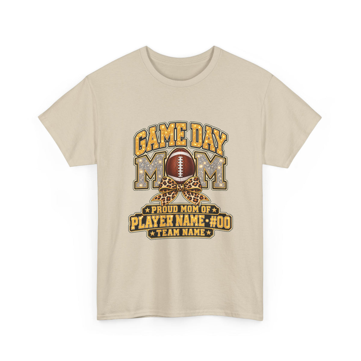 Personalized Game Day Mom Football Shirt – Gold Silver Leopard Bow, Custom Player Name Number & Team