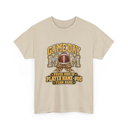 Personalized Game Day Mom Football Shirt – Gold Silver Leopard Bow, Custom Player Name Number & Team