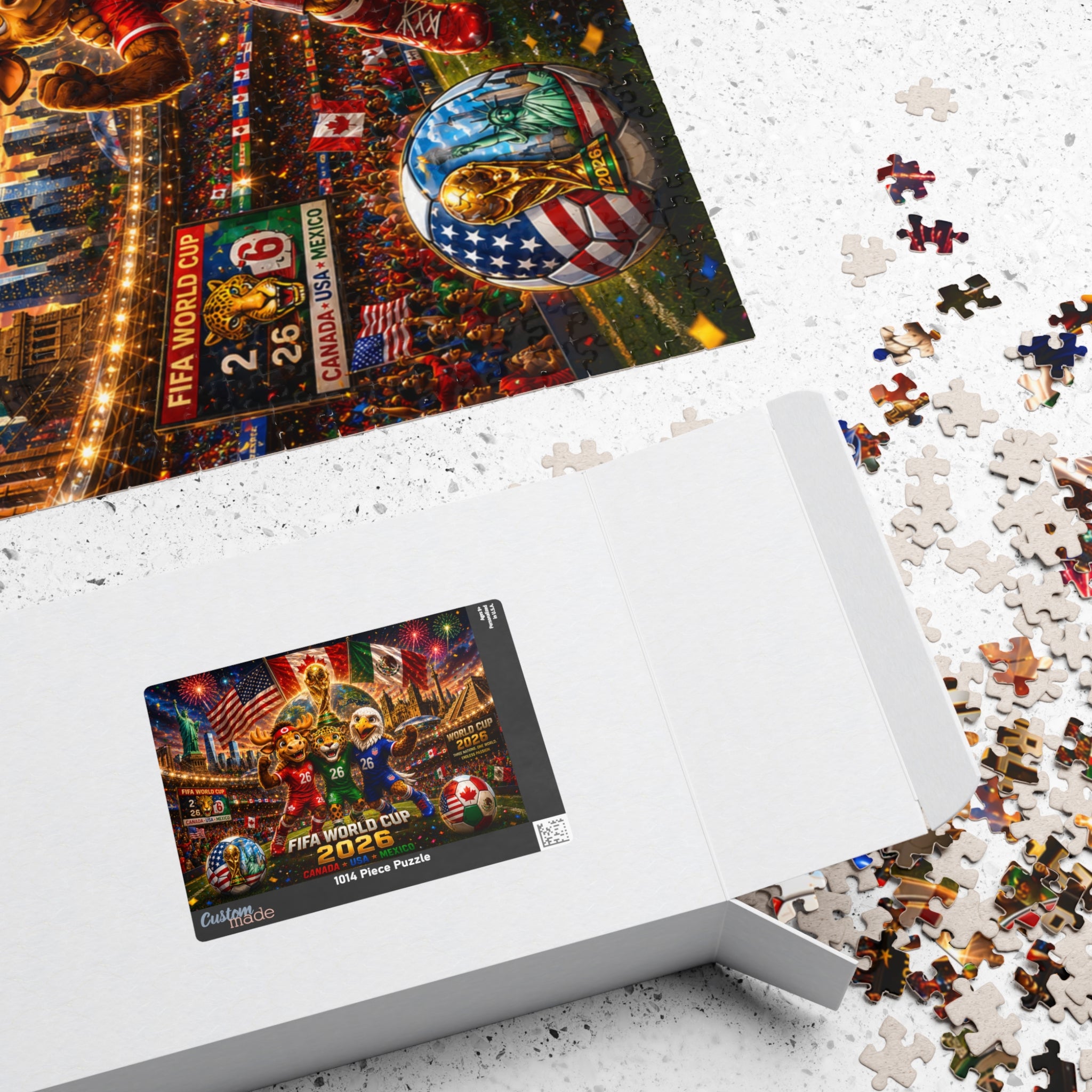 FIFA World Cup 2026 Soccer Mascot Jigsaw Puzzle — Canada USA Mexico Stadium Scene (110/252/520/1014 pcs)