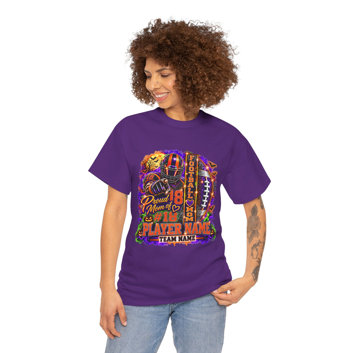 Personalized Halloween Football Mom Shirt, Proud Mom of Player, Custom Player Name Team Name Number, Glitter Effect Game Day Mom Tee