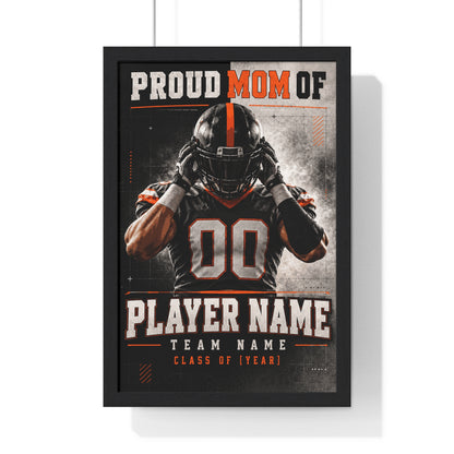 Personalized Proud Mom Football Framed Photo Poster – Orange Helmet Portrait – Custom Name, Team & Graduation Year