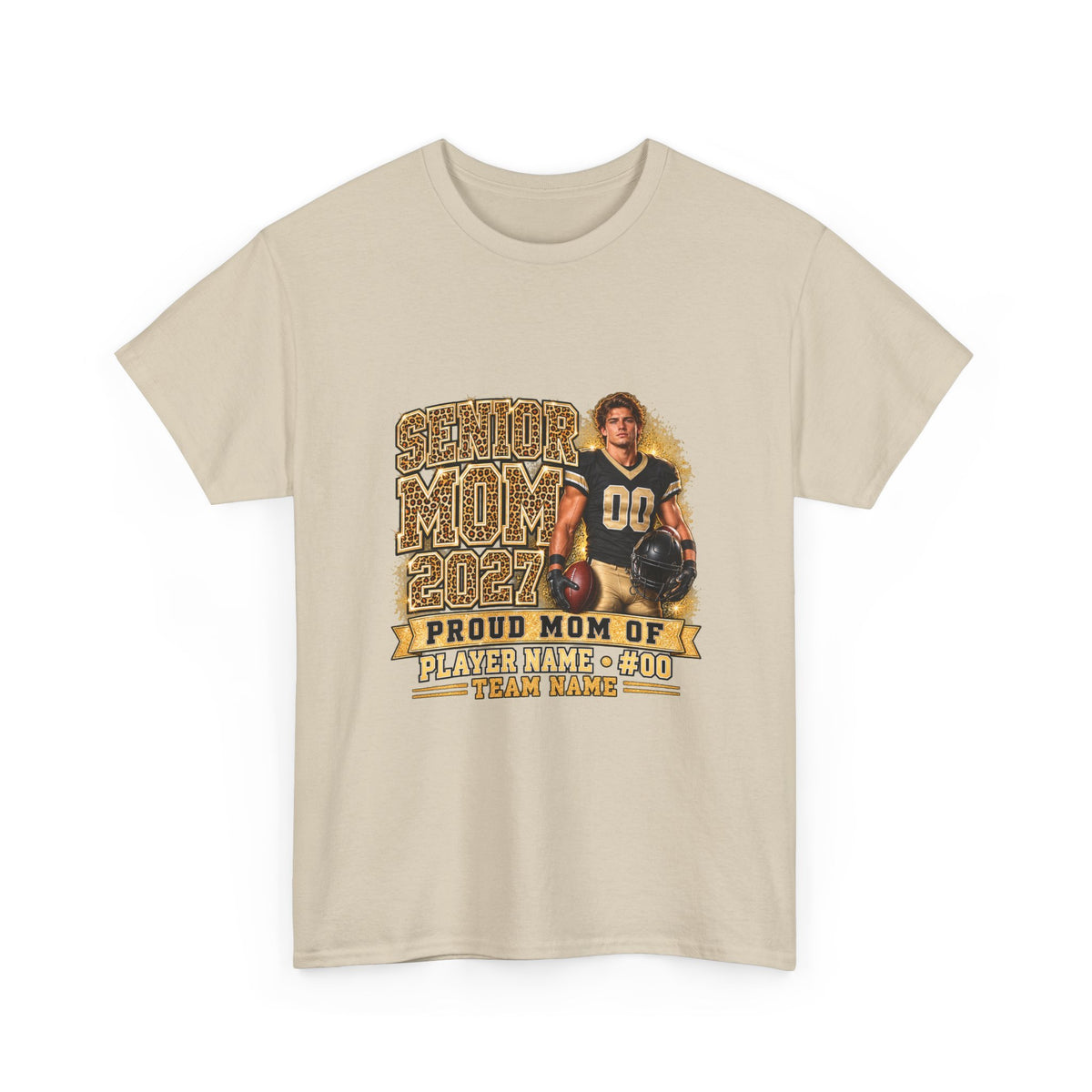 Personalized Senior Mom 2027 Leopard Football Photo Shirt – Gold Glitter Effect, Proud Mom of, Custom Player Name Number & Team