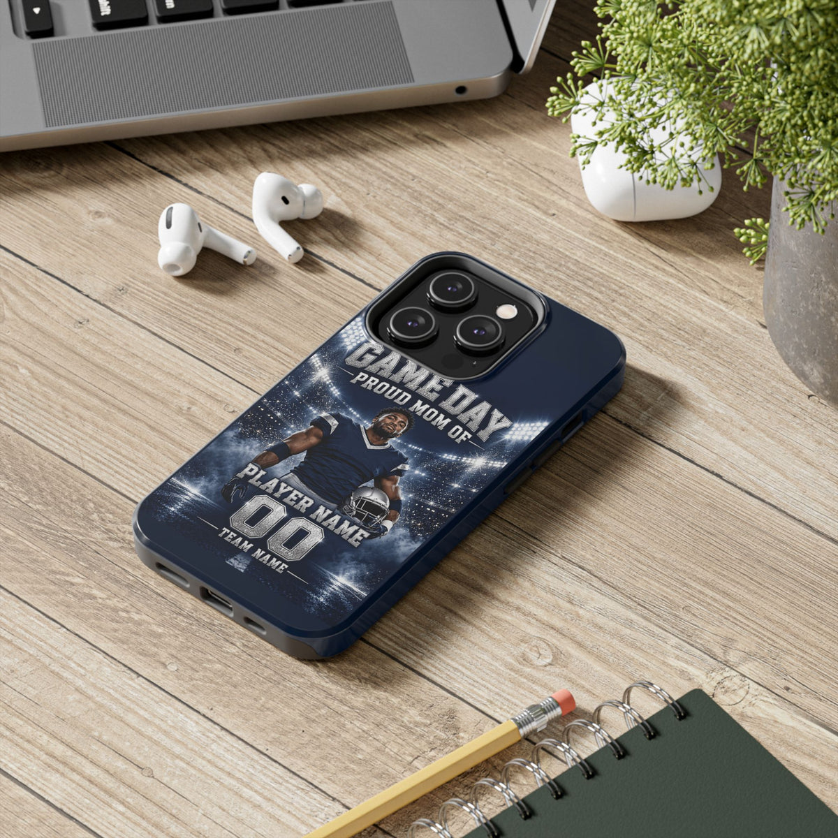 Personalized Game Day Proud Mom Photo Phone Case – Navy & Silver