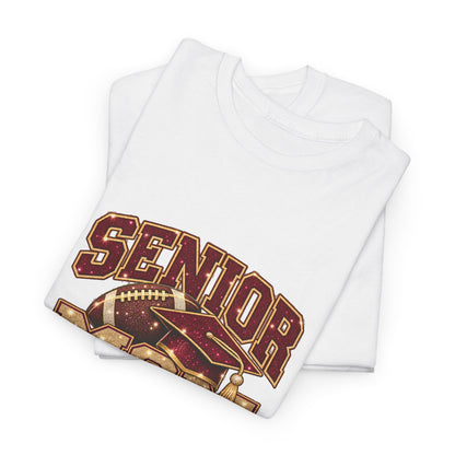 Personalized Senior Mom 2027 Football Shirt – Burgundy Gold Graduation Cap, Custom Player Name Number & Team