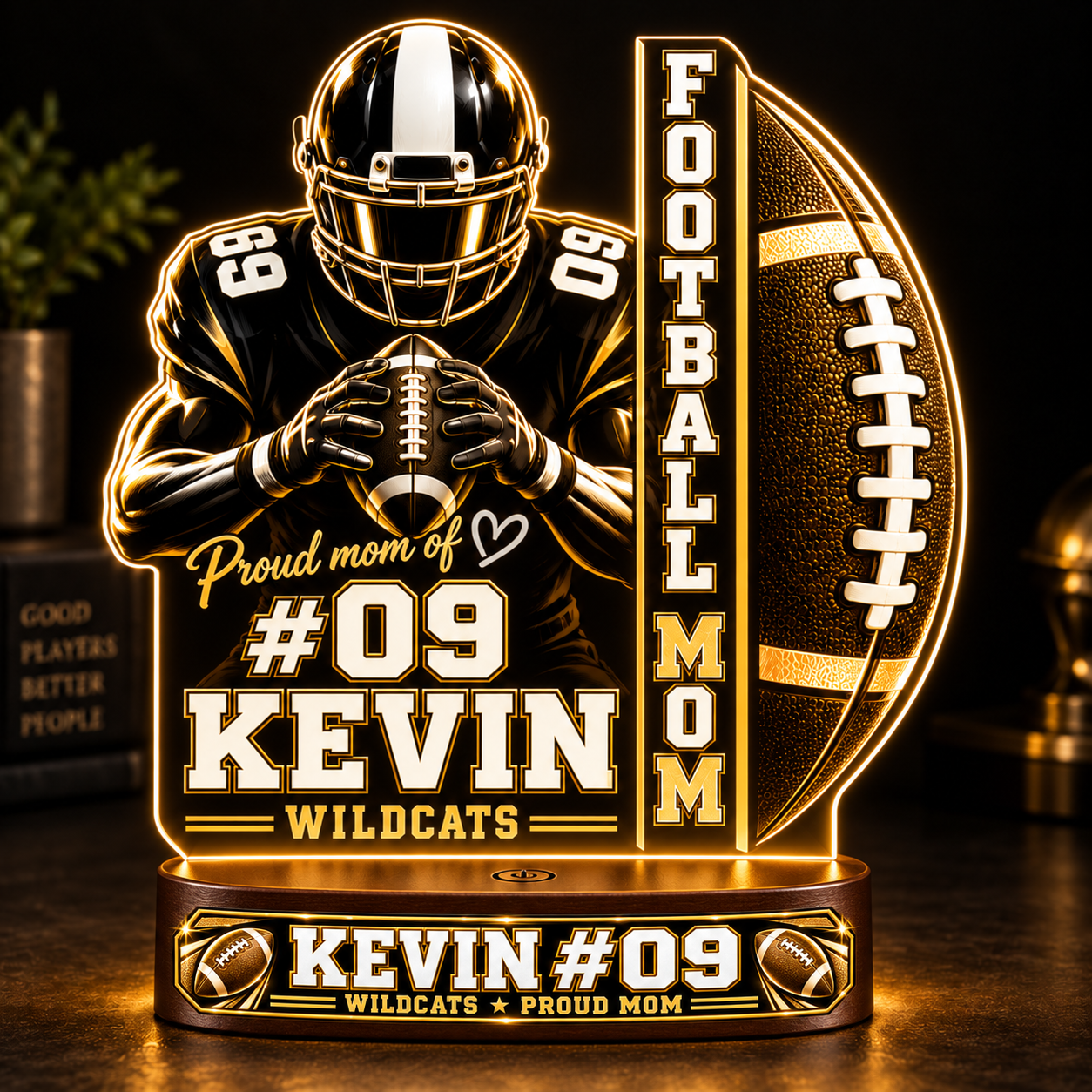 Personalized Football Mom LED Night Light, Custom Player Name Number Lamp, Game Day Mom Gift, Team Colors Acrylic Football Light