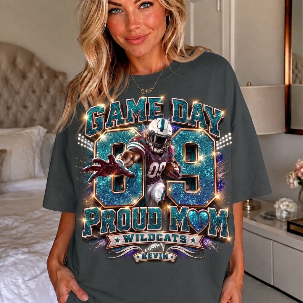 personalized football mom shirt, custom player name number tee, game day proud mom shirt, team colors glitter effect football tee