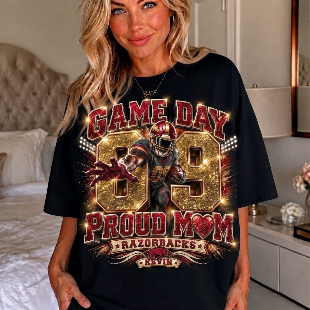 personalized football mom shirt, custom player name number tee, game day proud mom shirt, team colors glitter effect football tee