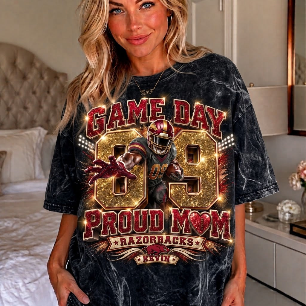 personalized football mom shirt, custom player name number tee, game day proud mom shirt, team colors glitter effect football tee