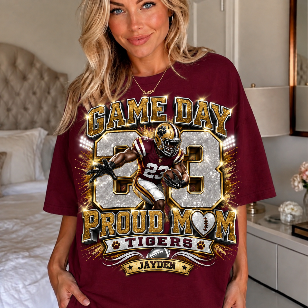 personalized football mom shirt, custom player name number tee, game day proud mom shirt, team colors glitter effect football tee