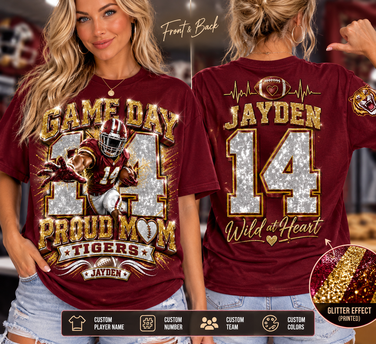 personalized football mom shirt, custom player name number tee, game day proud mom shirt, team colors glitter effect football tee