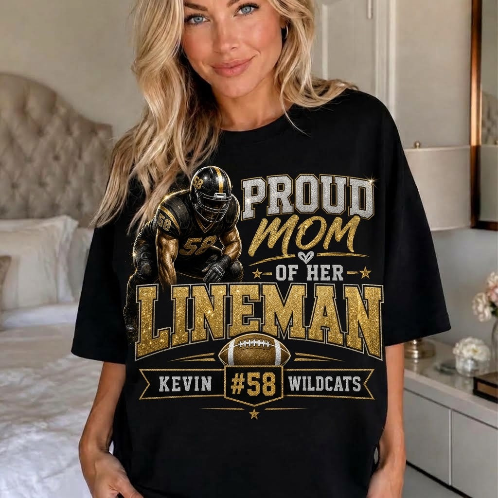 Personalized Lineman Mom Shirt, Proud Mom of Her Lineman Tee, Custom Football Mom Shirt, Player Name Number Team, Glitter Effect