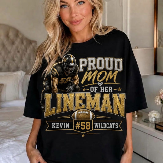 Personalized Lineman Mom Shirt, Proud Mom of Her Lineman Tee, Custom Football Mom Shirt, Player Name Number Team, Glitter Effect