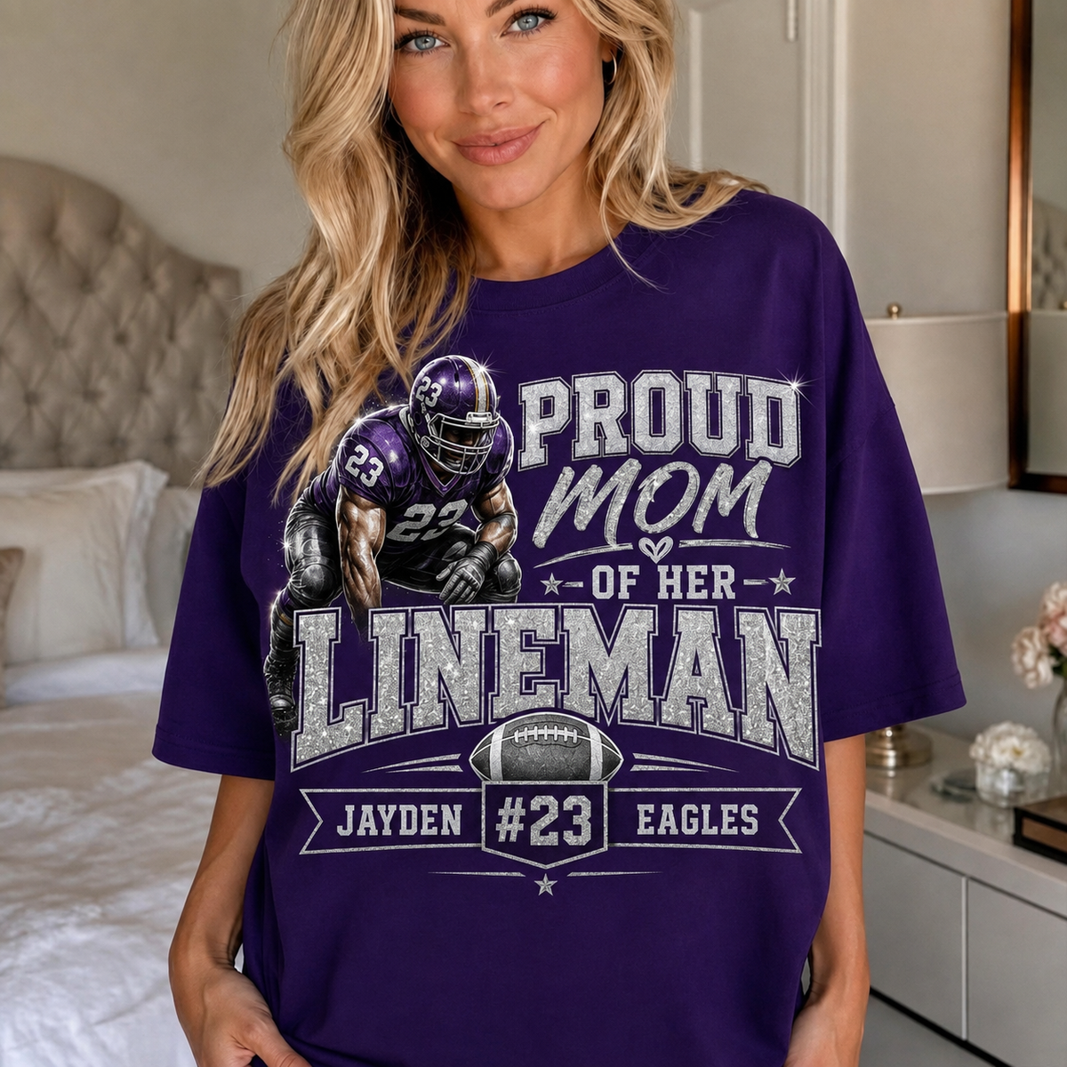 Personalized Lineman Mom Shirt, Proud Mom of Her Lineman Tee, Custom Football Mom Shirt, Player Name Number Team, Glitter Effect