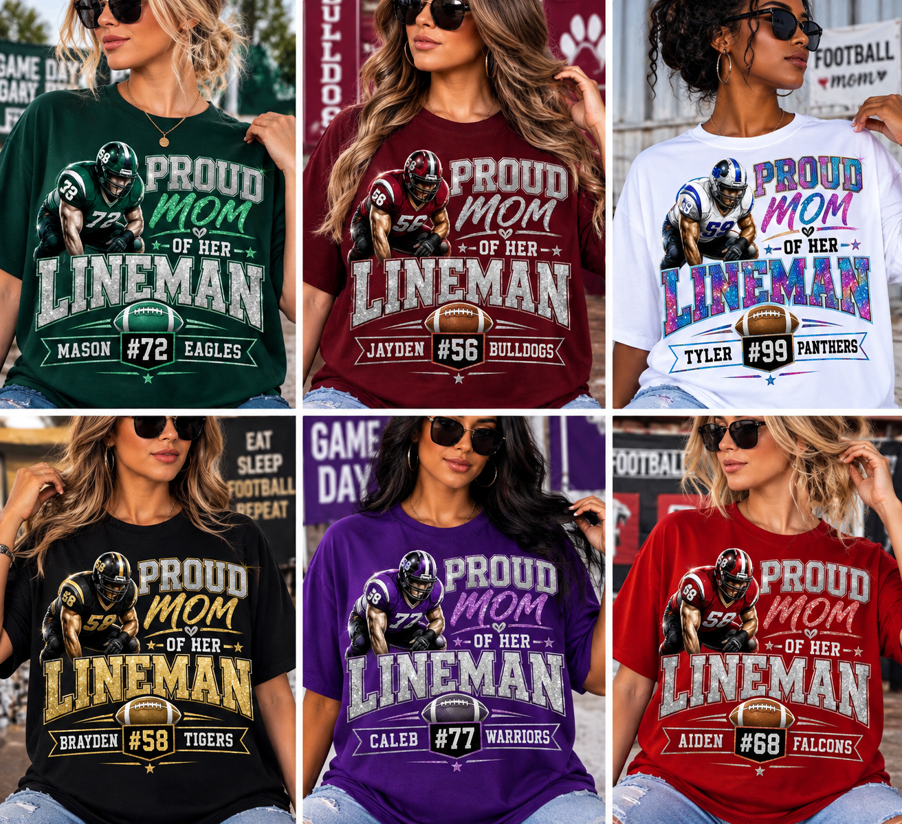 Personalized Lineman Mom Shirt, Proud Mom of Her Lineman Tee, Custom Football Mom Shirt, Player Name Number Team, Glitter Effect