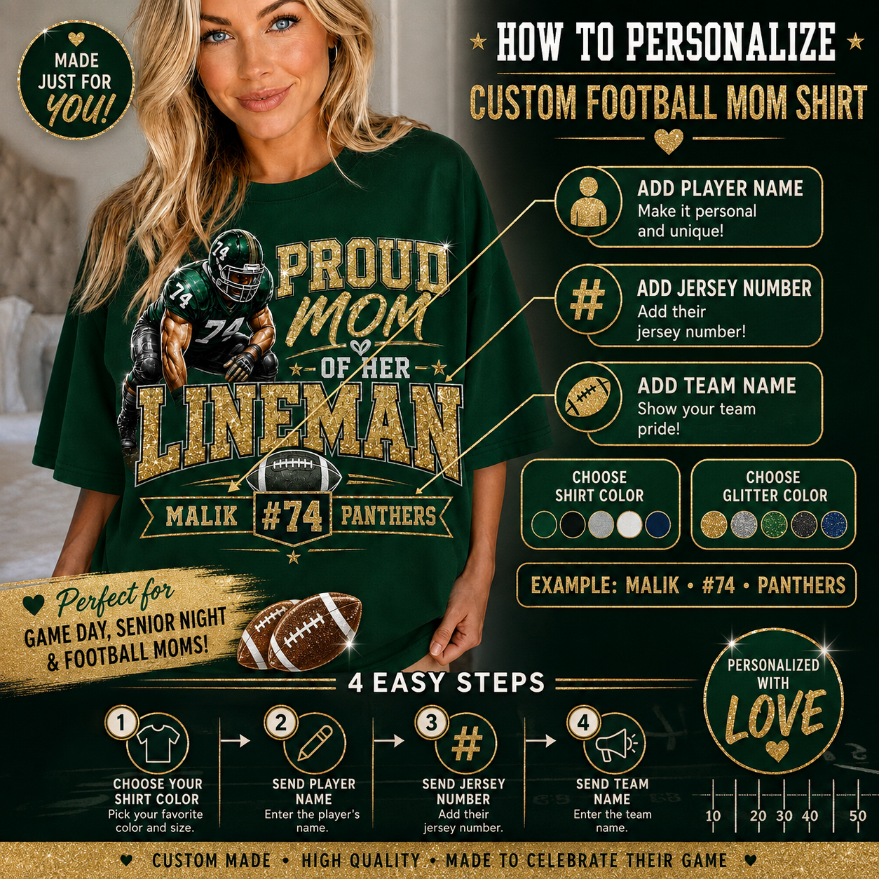 Personalized Lineman Mom Shirt, Proud Mom of Her Lineman Tee, Custom Football Mom Shirt, Player Name Number Team, Glitter Effect