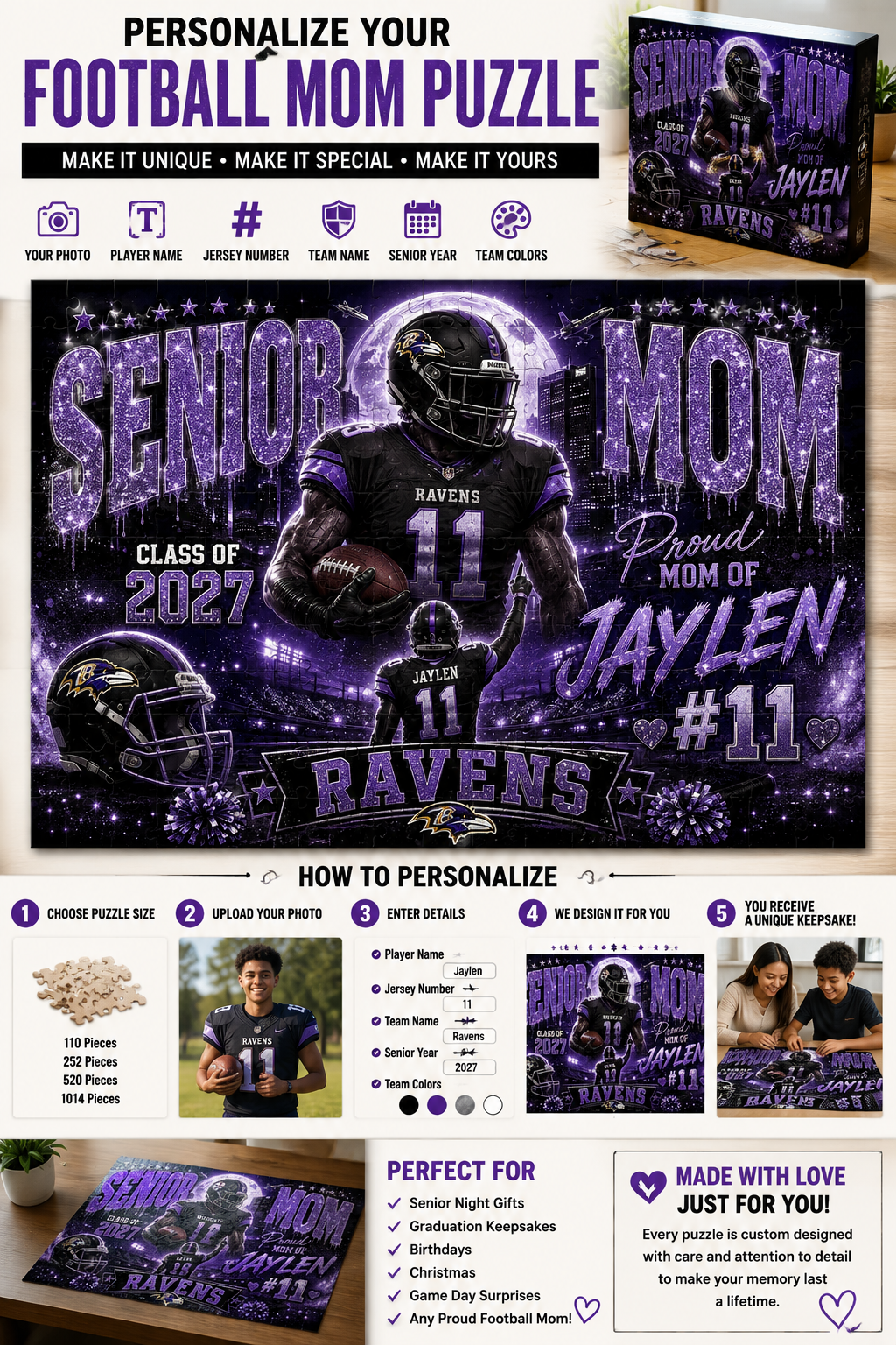 Personalized Senior Mom Football Puzzle, Custom Photo Player Gift, Class of 2027 Senior Night Gift, Football Mom Keepsake