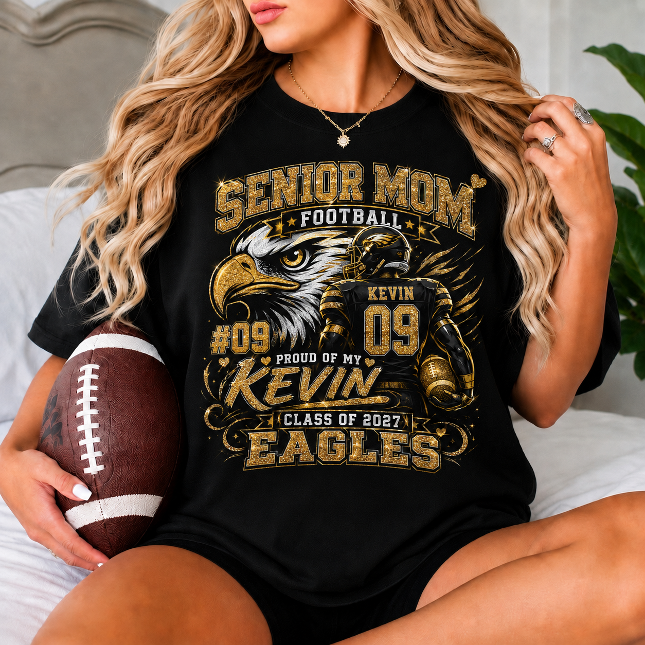 Personalized Senior Mom Football Shirt, Custom Player Name Number Team, Class of 2027, Multicolor Glitter Effect Game Day Tee