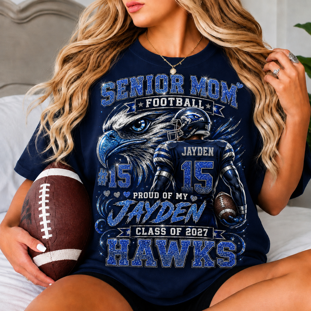 Personalized Senior Mom Football Shirt, Custom Player Name Number Team, Class of 2027, Multicolor Glitter Effect Game Day Tee