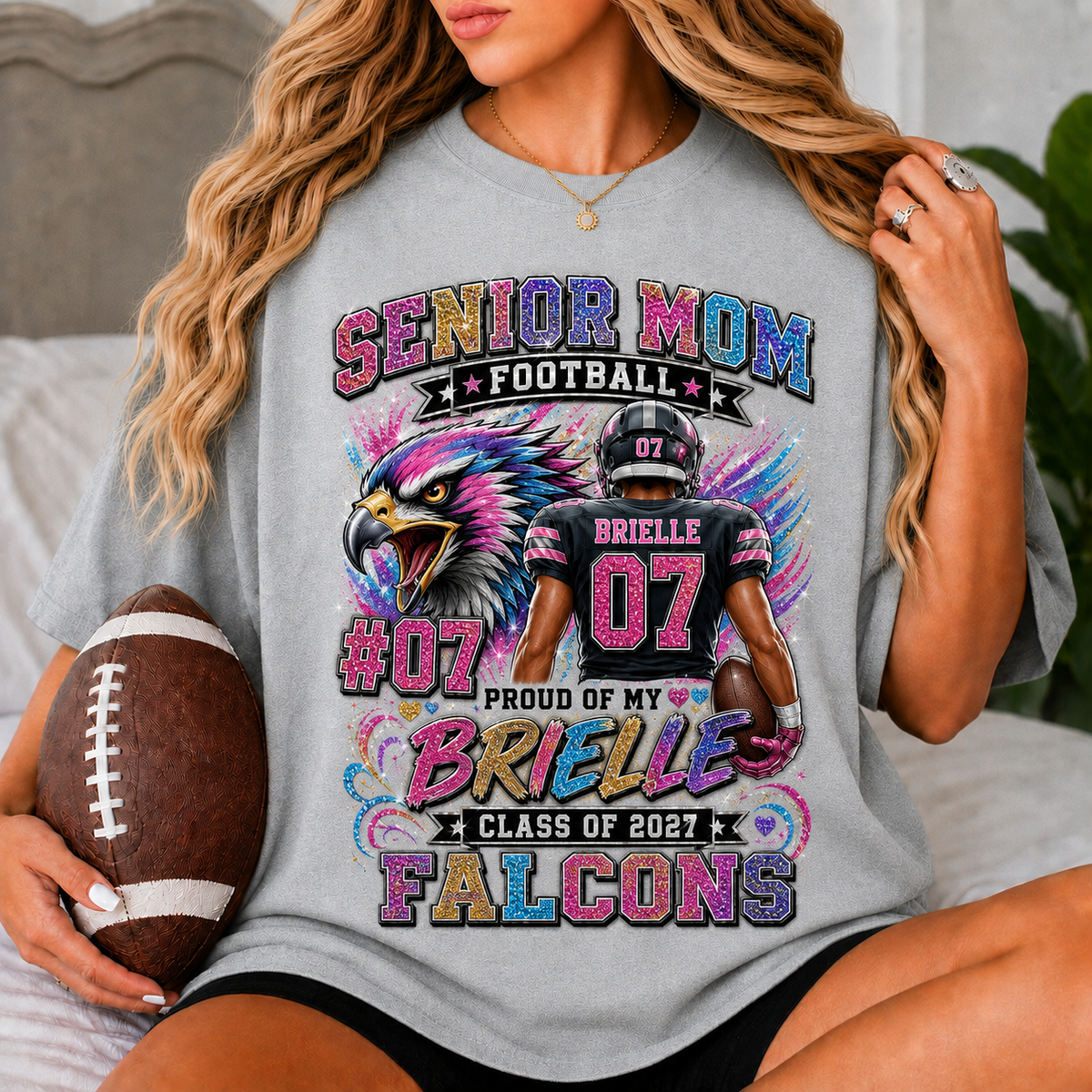 Personalized Senior Mom Football Shirt, Custom Player Name Number Team, Class of 2027, Multicolor Glitter Effect Game Day Tee