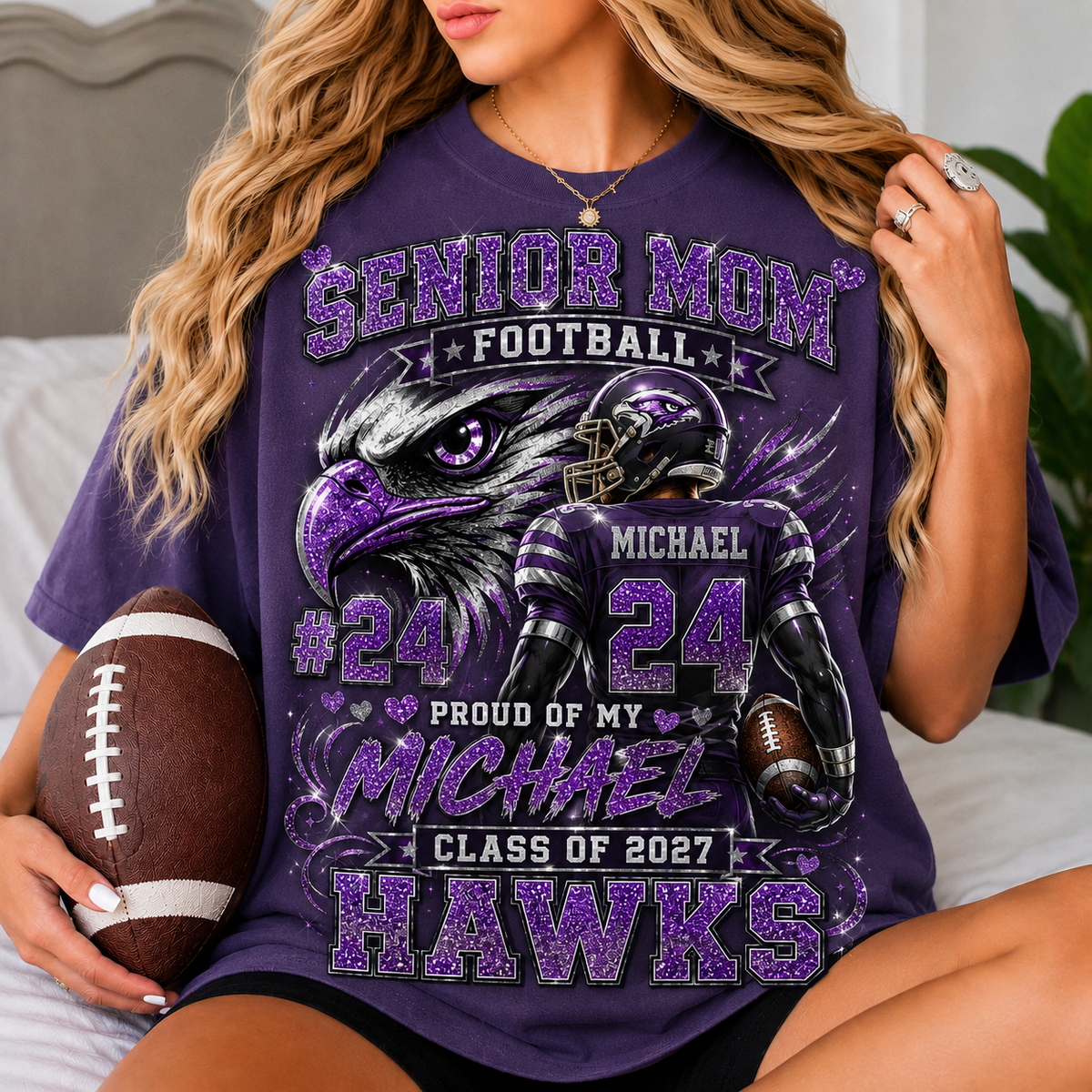 Personalized Senior Mom Football Shirt, Custom Player Name Number Team, Class of 2027, Multicolor Glitter Effect Game Day Tee