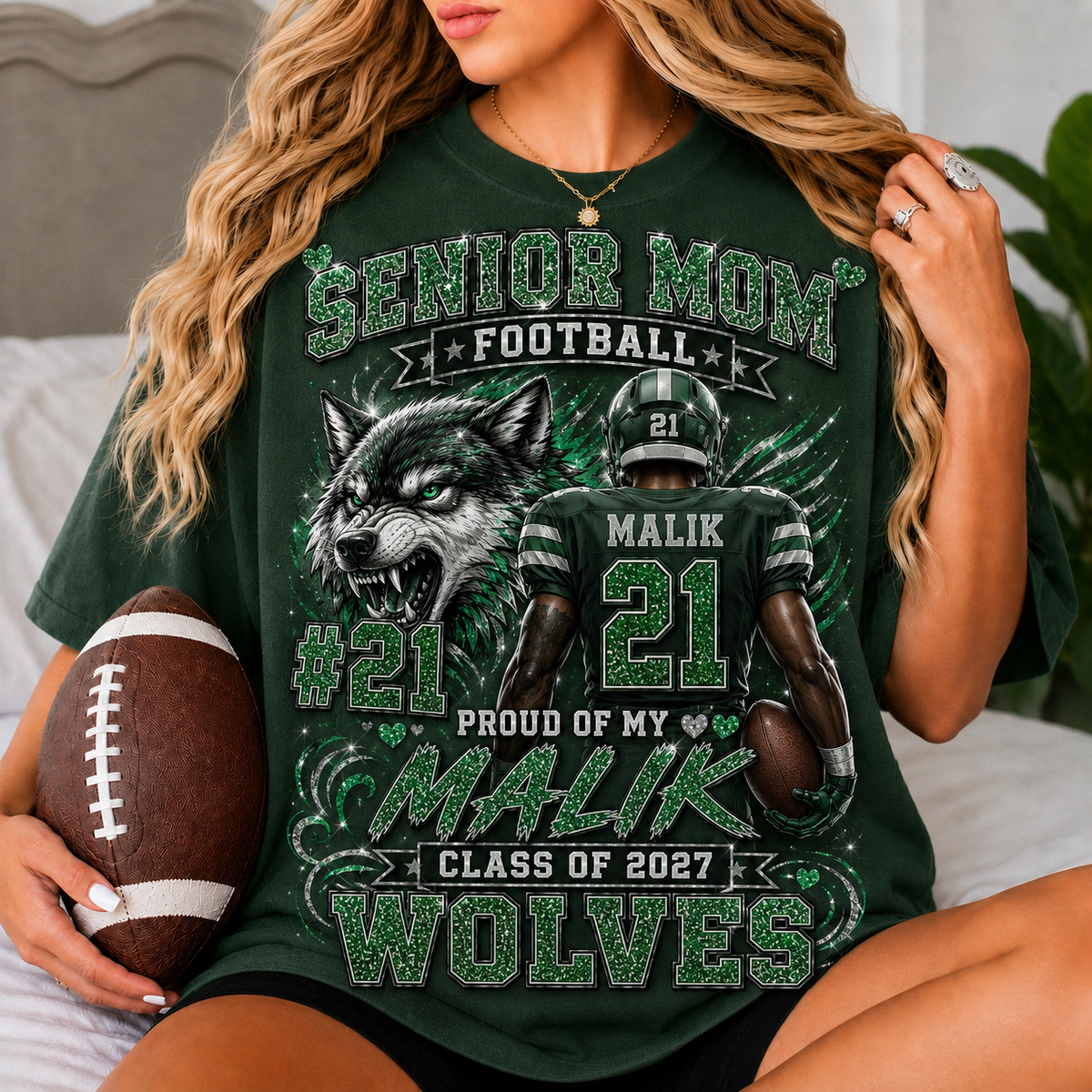 Personalized Senior Mom Football Shirt, Custom Player Name Number Team, Class of 2027, Multicolor Glitter Effect Game Day Tee
