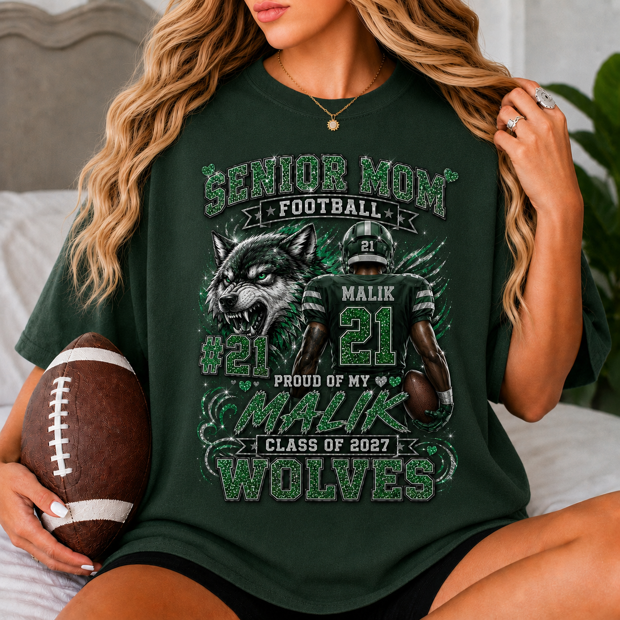 Personalized Senior Mom Football Shirt, Custom Player Name Number Team, Class of 2027, Multicolor Glitter Effect Game Day Tee