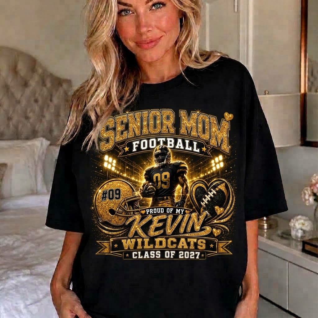 Personalized Senior Mom Football Shirt, Custom Player Name Number Team, Class of 2027 Football Mom Tee, Glitter Effect Game Day Shirt