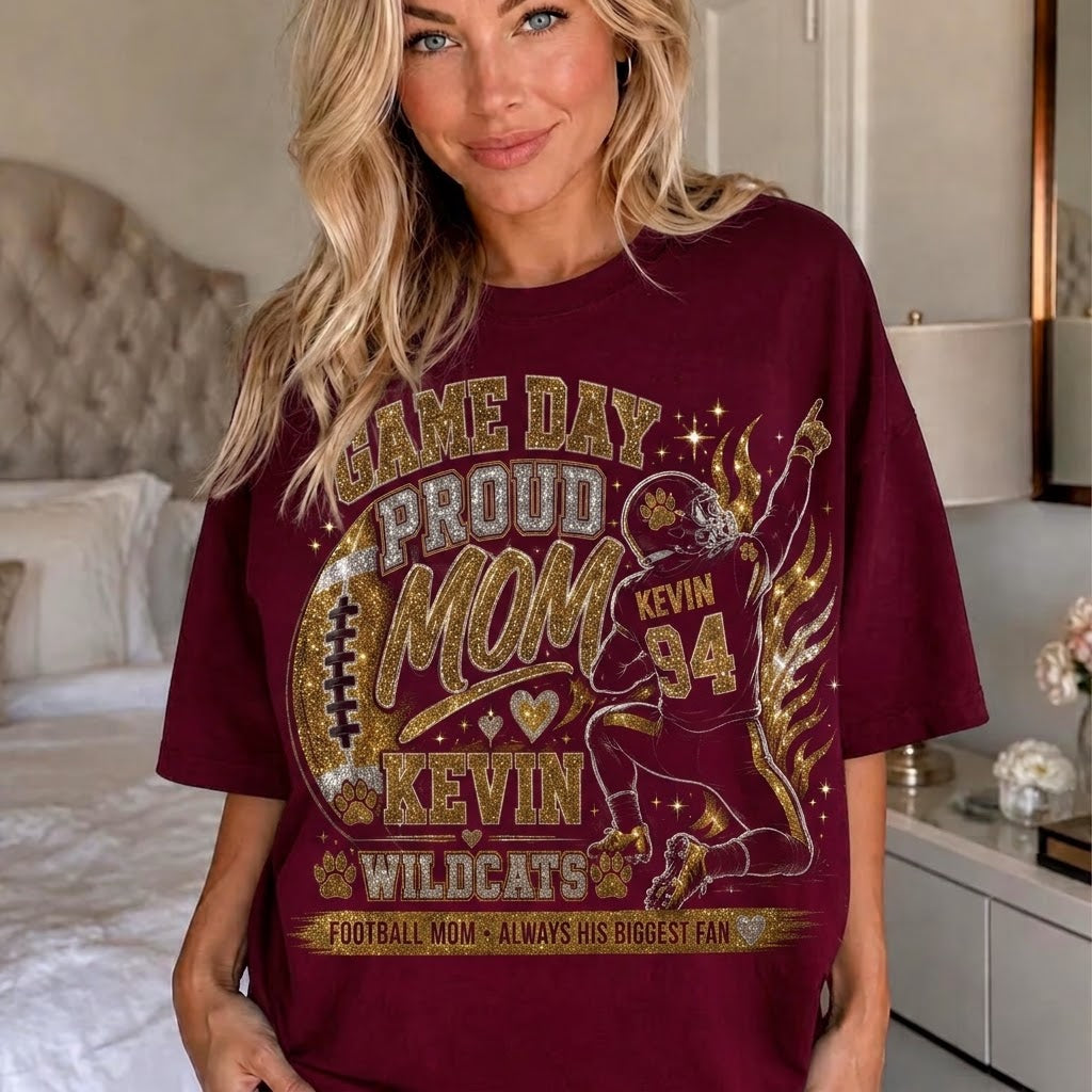 Personalized Football Mom Shirt, Game Day Proud Mom Tee, Custom Player Name Number Team, Senior Football Mom, Glitter Effect