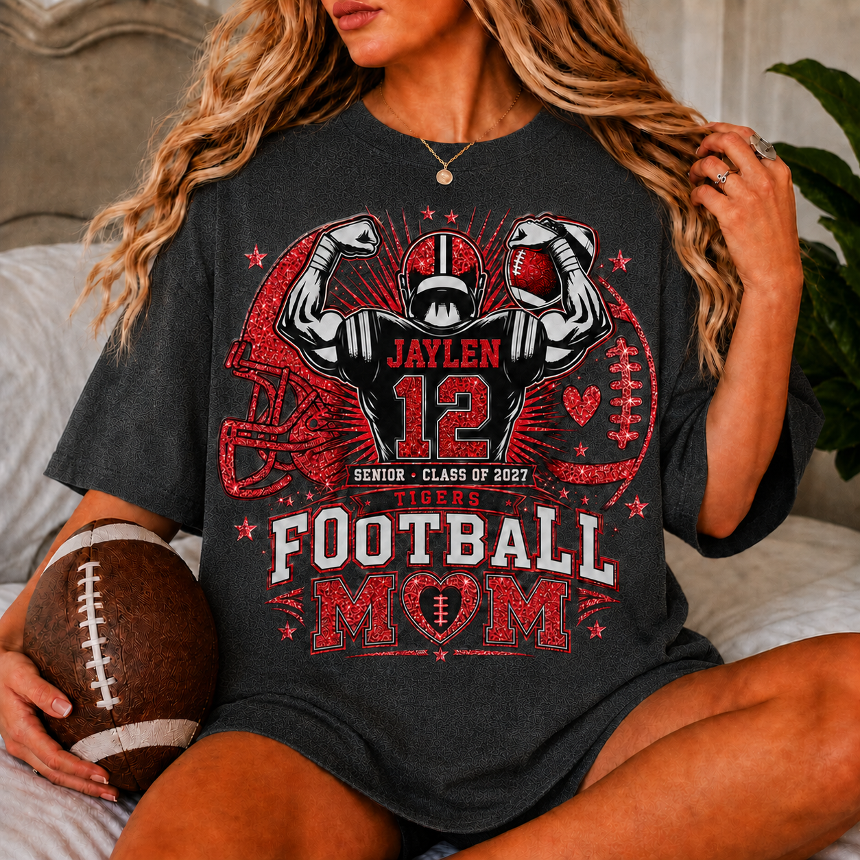 Personalized Football Mom Shirt, Custom Player Name Number Team, Senior Class of 2027, Game Day Mom Tee, Glitter Effect Football Gift