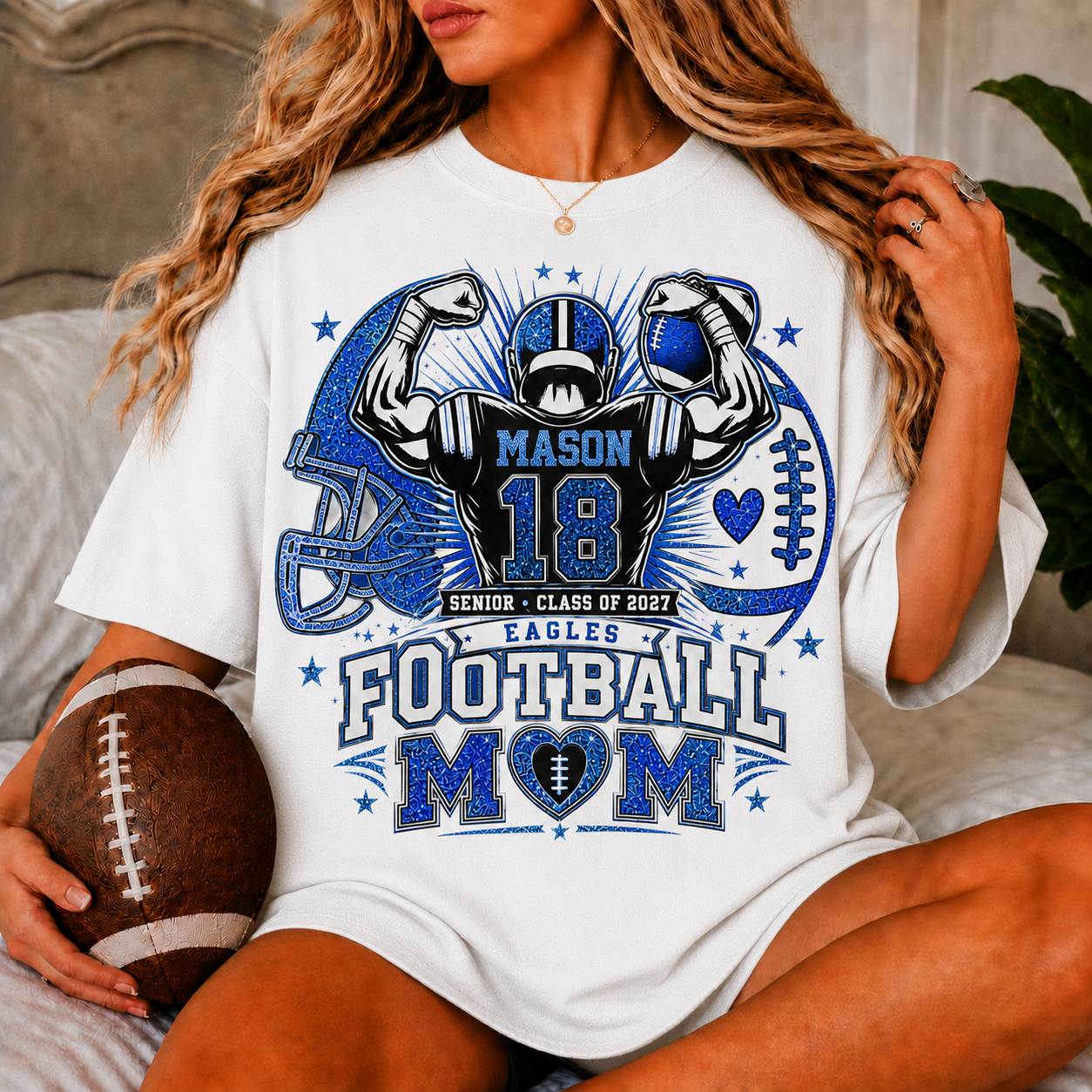 Personalized Football Mom Shirt, Custom Player Name Number Team, Senior Class of 2027, Game Day Mom Tee, Glitter Effect Football Gift