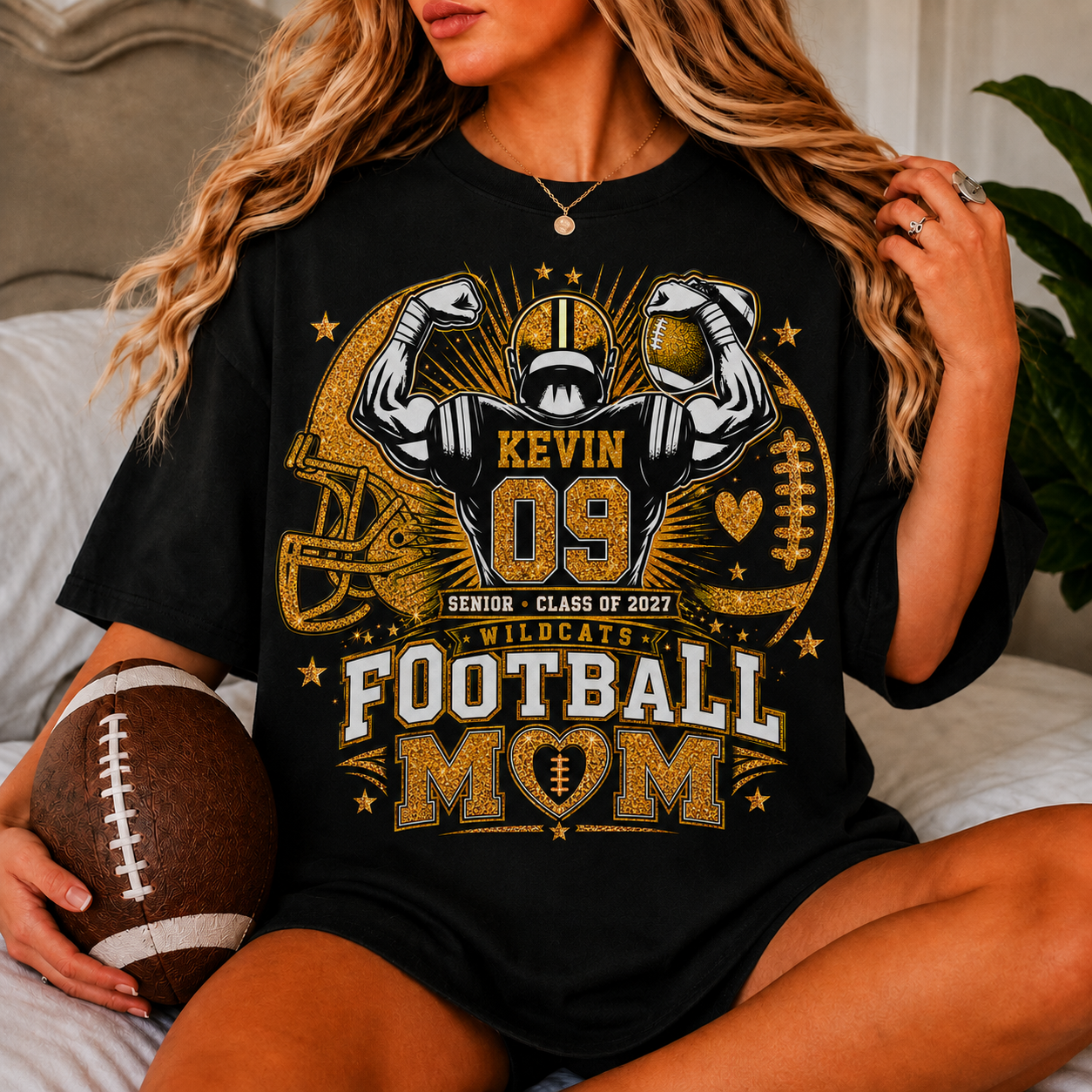 Personalized Football Mom Shirt, Custom Player Name Number Team, Senior Class of 2027, Game Day Mom Tee, Glitter Effect Football Gift