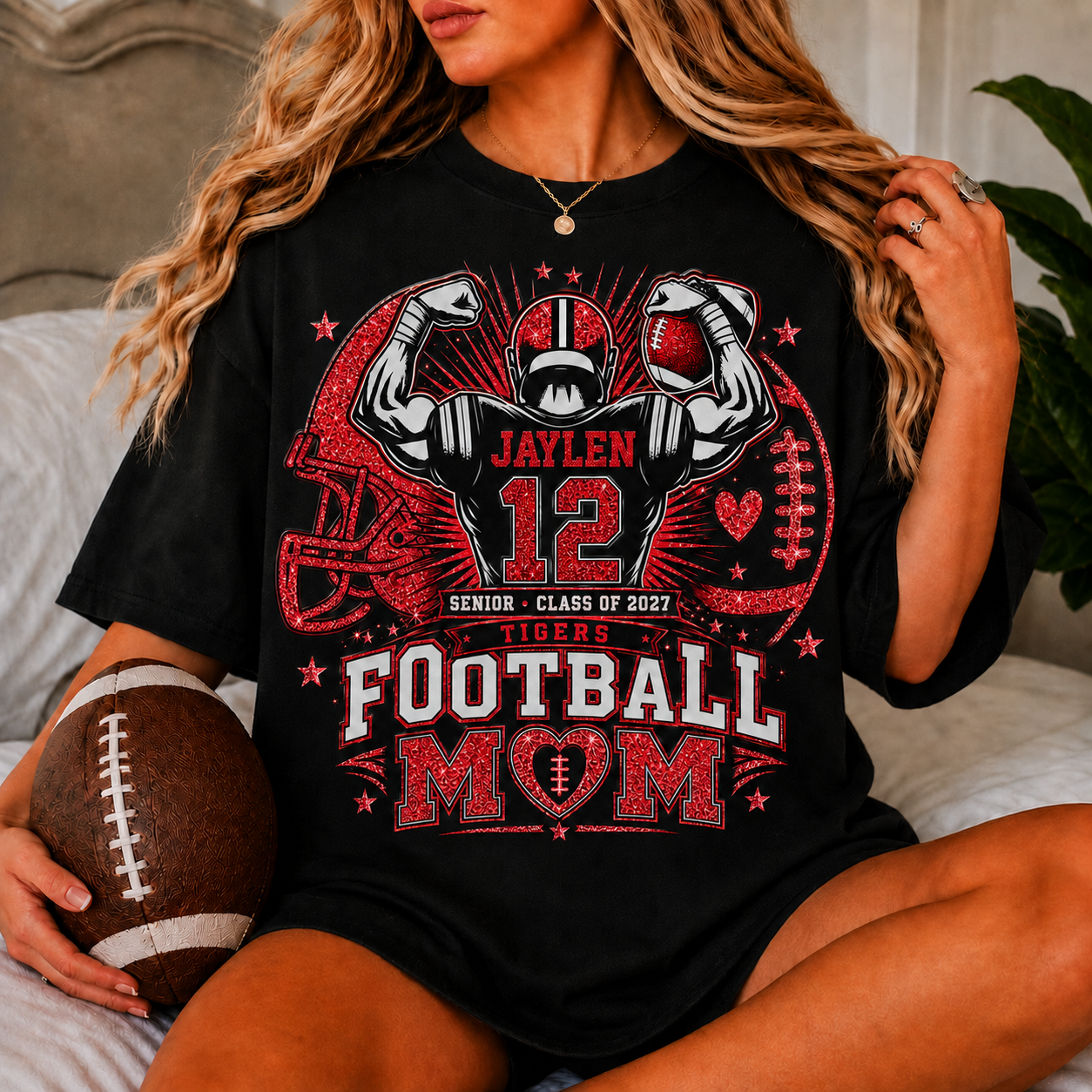 Personalized Football Mom Shirt, Custom Player Name Number Team, Senior Class of 2027, Game Day Mom Tee, Glitter Effect Football Gift