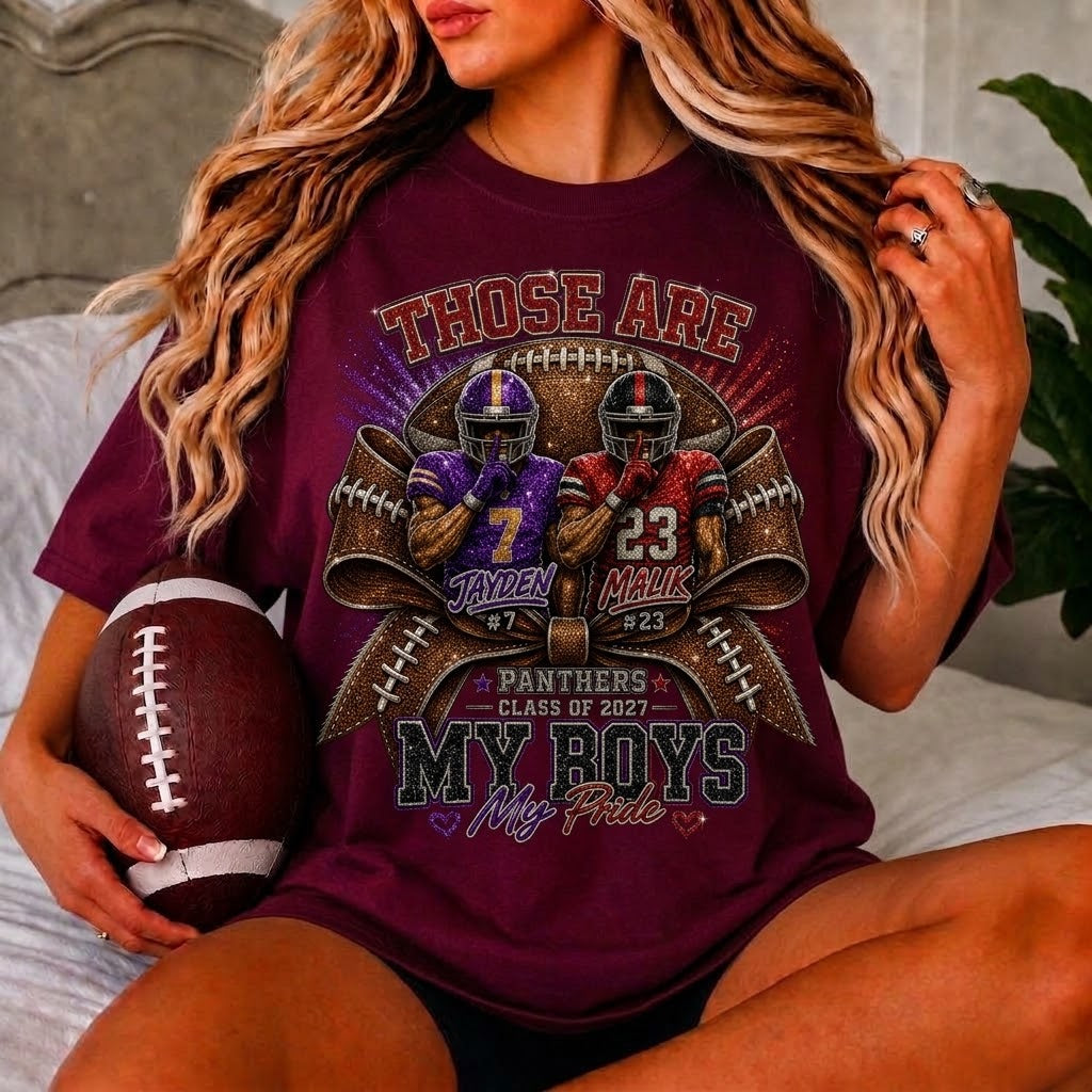 Personalized Football Mom Shirt, My Boys My Pride, Custom 2 Player Names & Numbers, Senior Mom 2027, Game Day Mom Tee