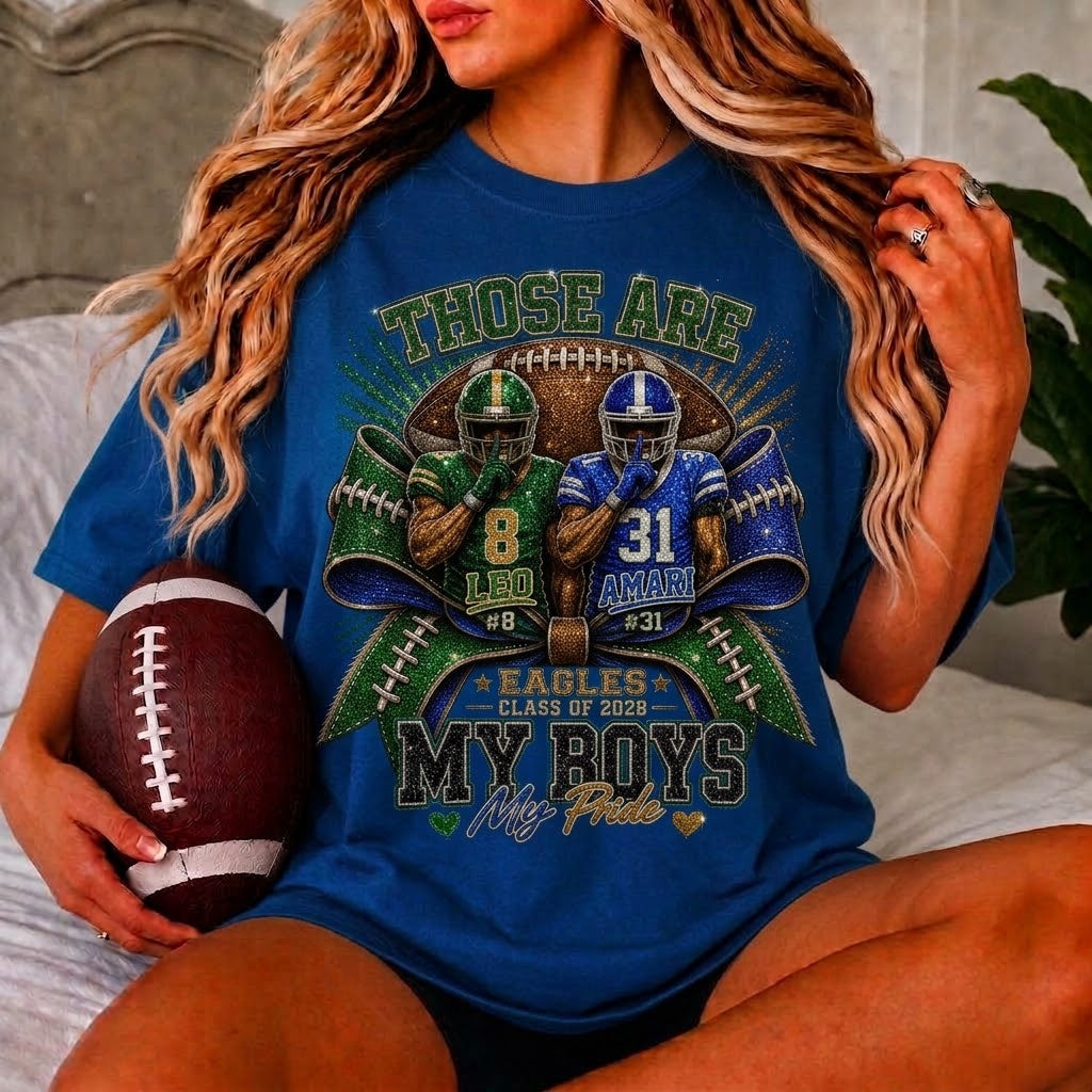 Personalized Football Mom Shirt, My Boys My Pride, Custom 2 Player Names & Numbers, Senior Mom 2027, Game Day Mom Tee