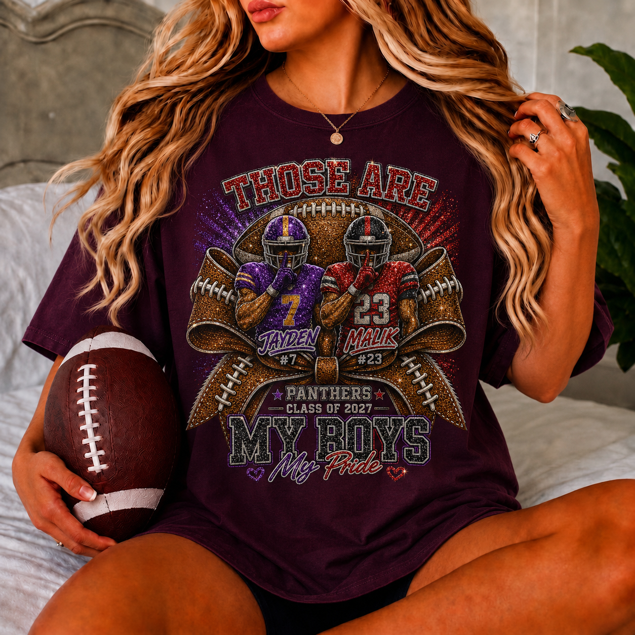 Personalized Football Mom Shirt, My Boys My Pride, Custom 2 Player Names & Numbers, Senior Mom 2027, Game Day Mom Tee