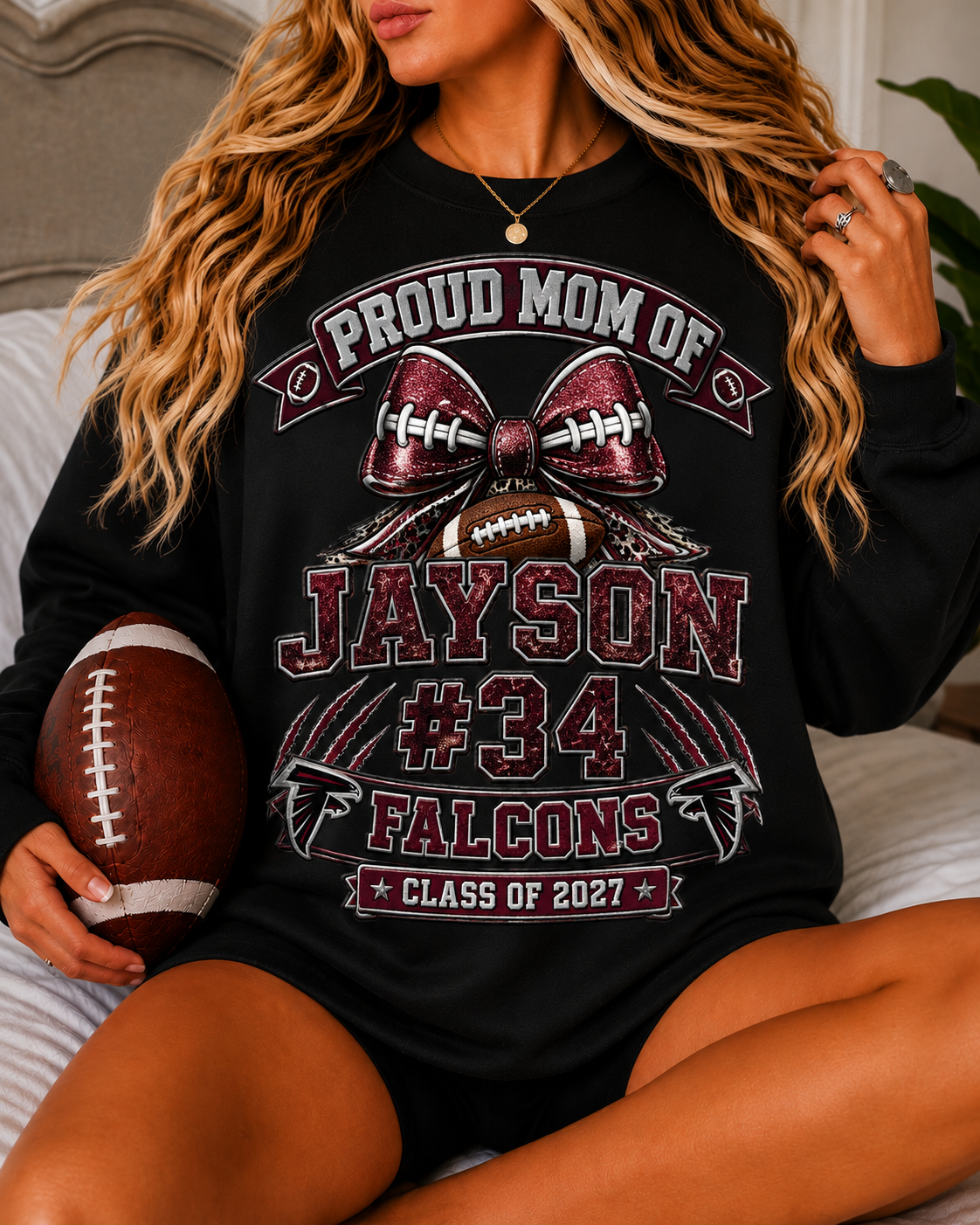 Personalized Football Mom Sweatshirt, Proud Mom of Player, Custom Name & Number, Team Mom, Senior 2027, Game Day Gift