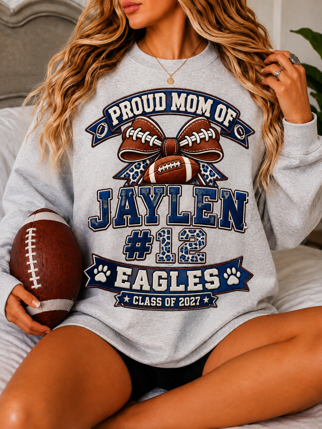 Personalized Football Mom Sweatshirt, Proud Mom of Player, Custom Name & Number, Team Mom, Senior 2027, Game Day Gift