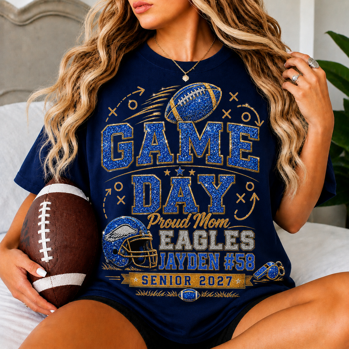 Personalized Game Day Mom Shirt, Custom Football Mom Tee, Player Name Number Team, Proud Mom Shirt, Gold Glitter Effect