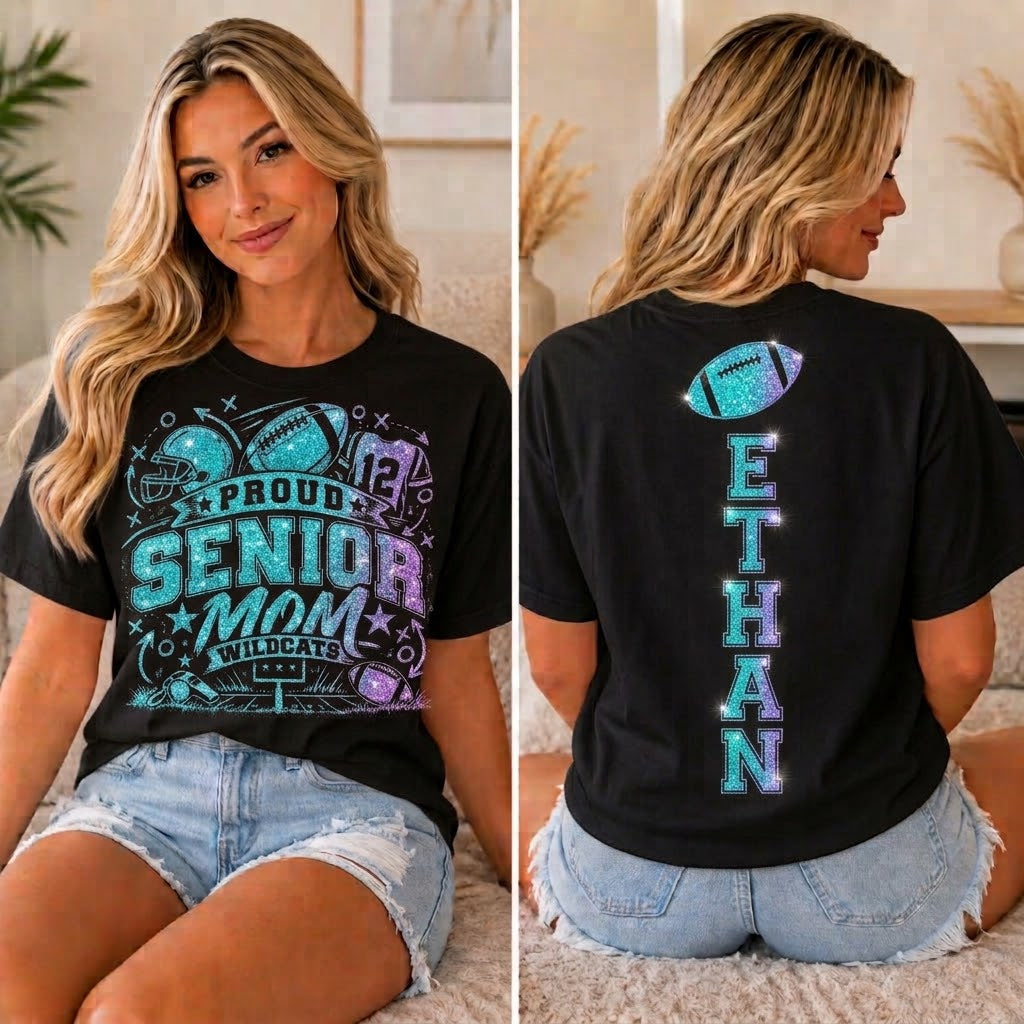 Personalized Senior Mom Football Shirt, Game Day Mom Tee, Custom Player Name Number, Front Back Shirt, Glitter Effect Football Mom