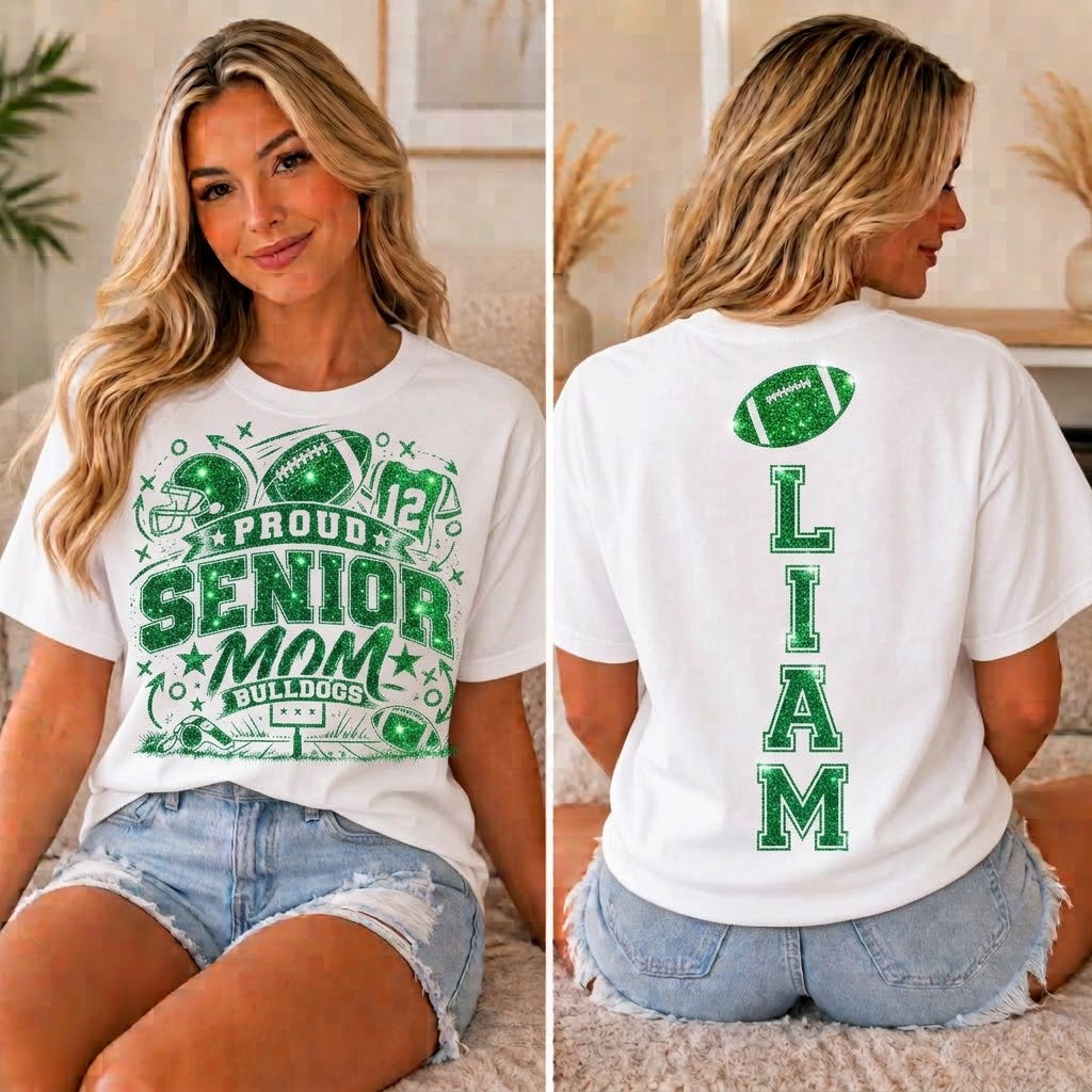 Personalized Senior Mom Football Shirt, Game Day Mom Tee, Custom Player Name Number, Front Back Shirt, Glitter Effect Football Mom