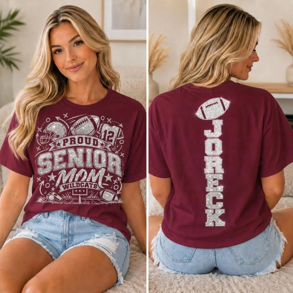 Personalized Senior Mom Football Shirt, Game Day Mom Tee, Custom Player Name Number, Front Back Shirt, Glitter Effect Football Mom