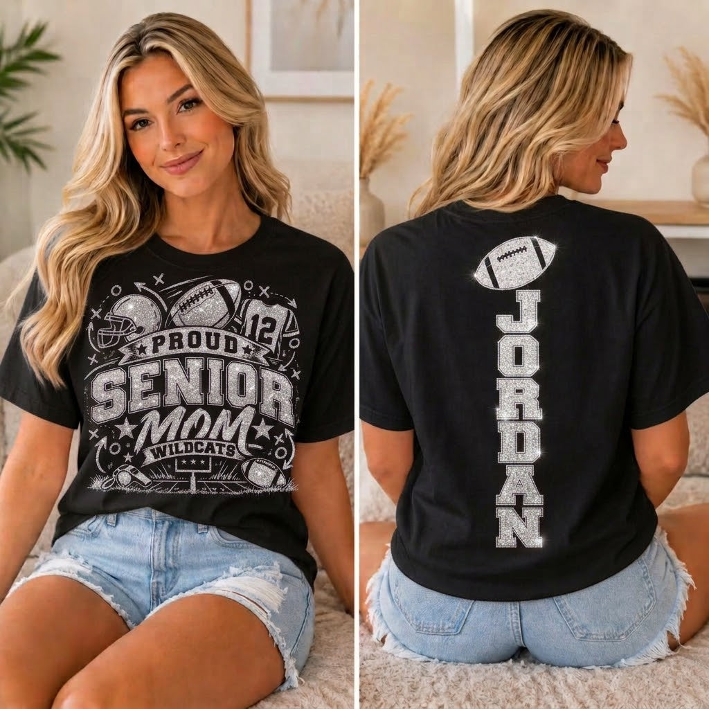 Personalized Senior Mom Football Shirt, Game Day Mom Tee, Custom Player Name Number, Front Back Shirt, Glitter Effect Football Mom