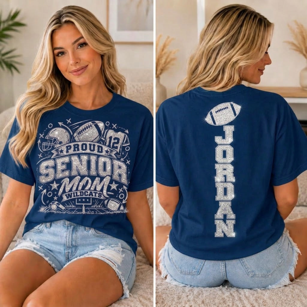 Personalized Senior Mom Football Shirt, Game Day Mom Tee, Custom Player Name Number, Front Back Shirt, Glitter Effect Football Mom