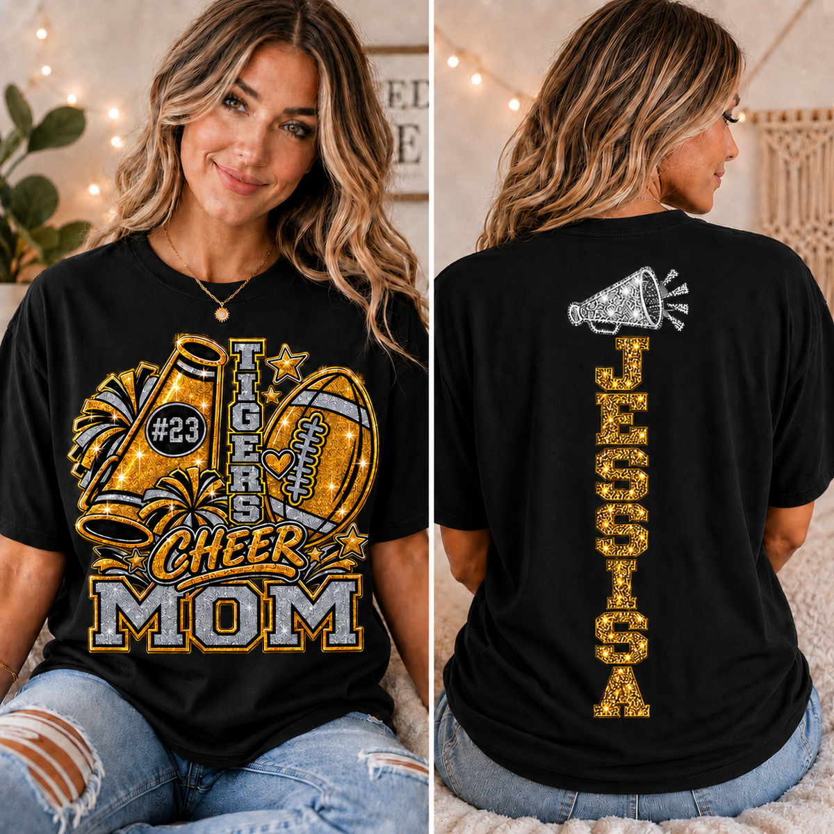 Personalized Cheer Mom Shirt, Football Mom Game Day Tee, Custom Player Name & Number, Glitter Effect Front Back Team Spirit Gift
