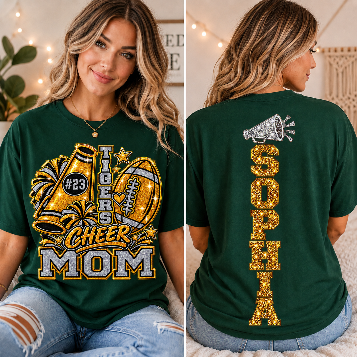 Personalized Cheer Mom Shirt, Football Mom Game Day Tee, Custom Player Name & Number, Glitter Effect Front Back Team Spirit Gift