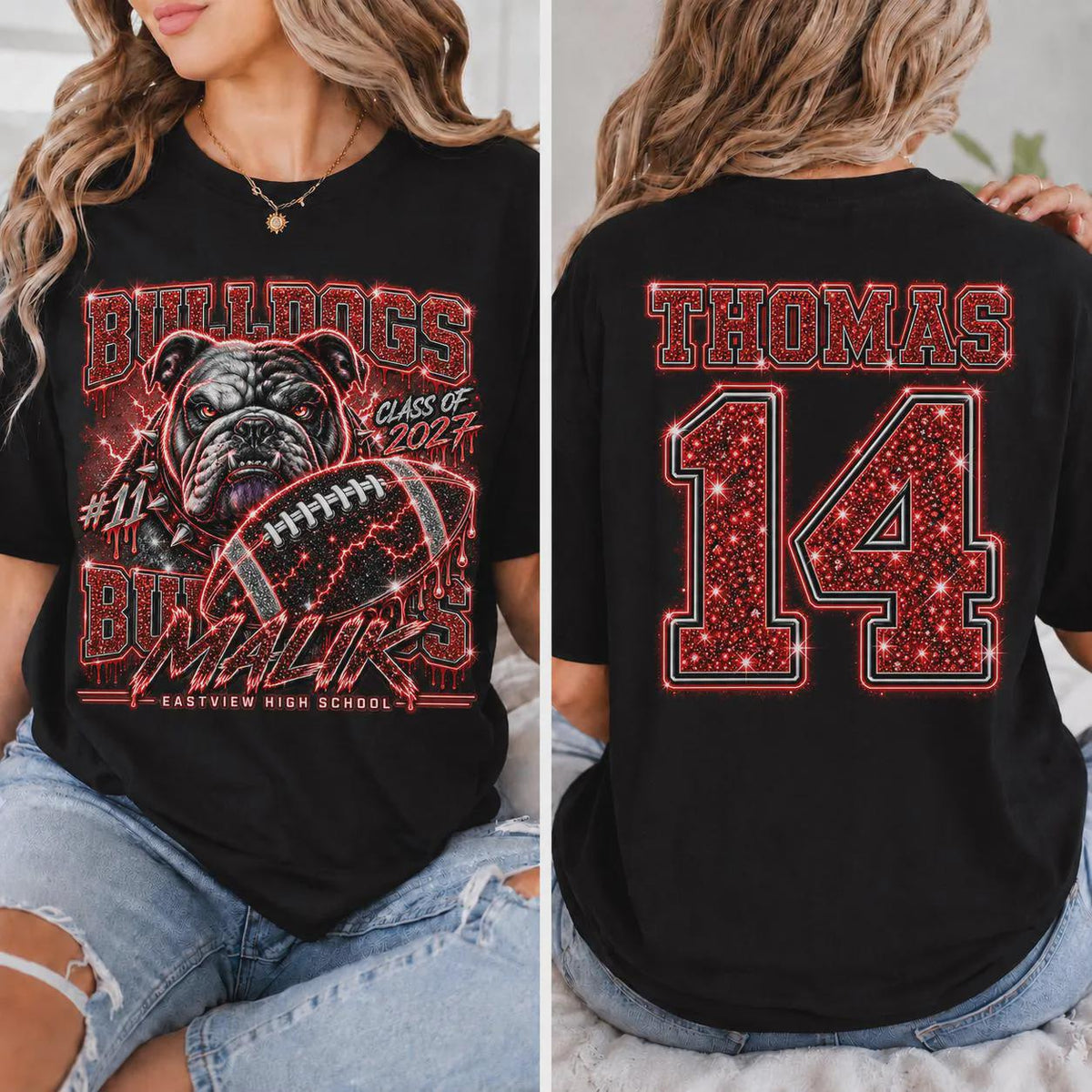 Personalized Football Shirt, Custom Player Name Number Tee, Senior 2027 Game Day Shirt, Front Back Glitter Effect, Football Gift