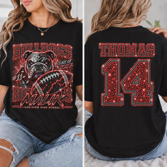 Personalized Football Shirt, Custom Player Name Number Tee, Senior 2027 Game Day Shirt, Front Back Glitter Effect, Football Gift