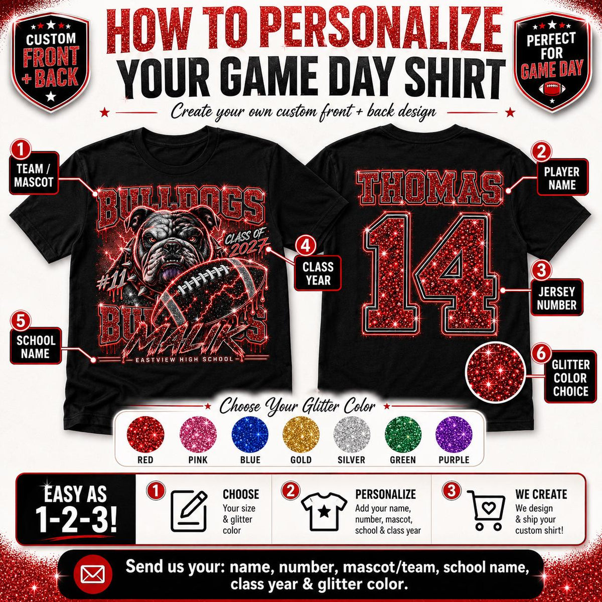 Personalized Football Shirt, Custom Player Name Number Tee, Senior 2027 Game Day Shirt, Front Back Glitter Effect, Football Gift